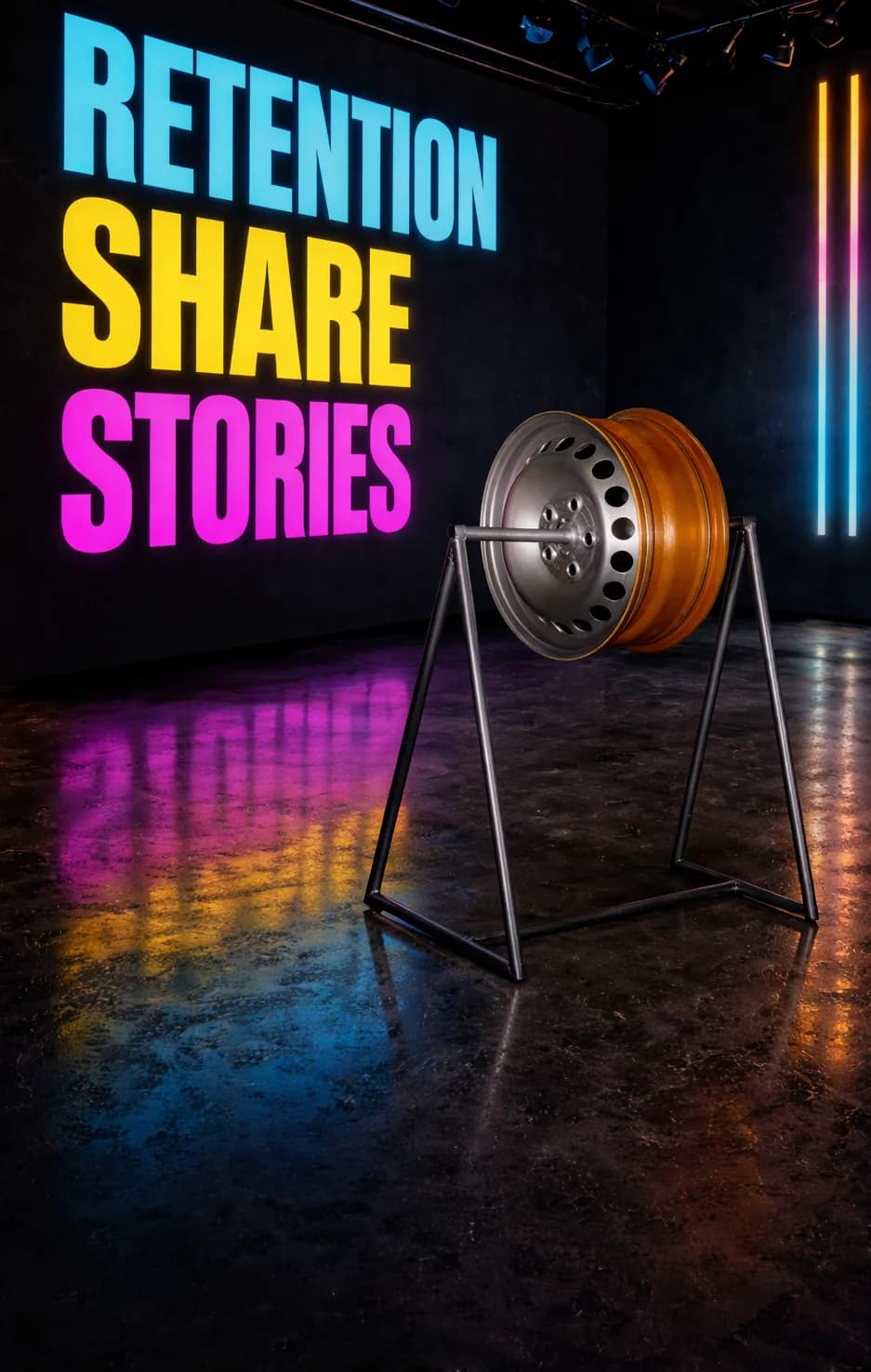 Orange wheel rim on black stand with RETENTION SHARE STORIES projected in cyan, yellow and pink neon