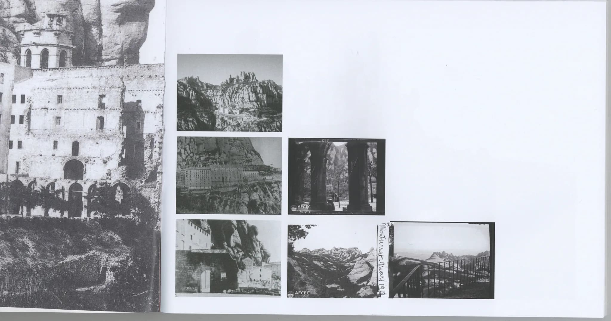 Book spread with archive Montserrat photographs and historical images