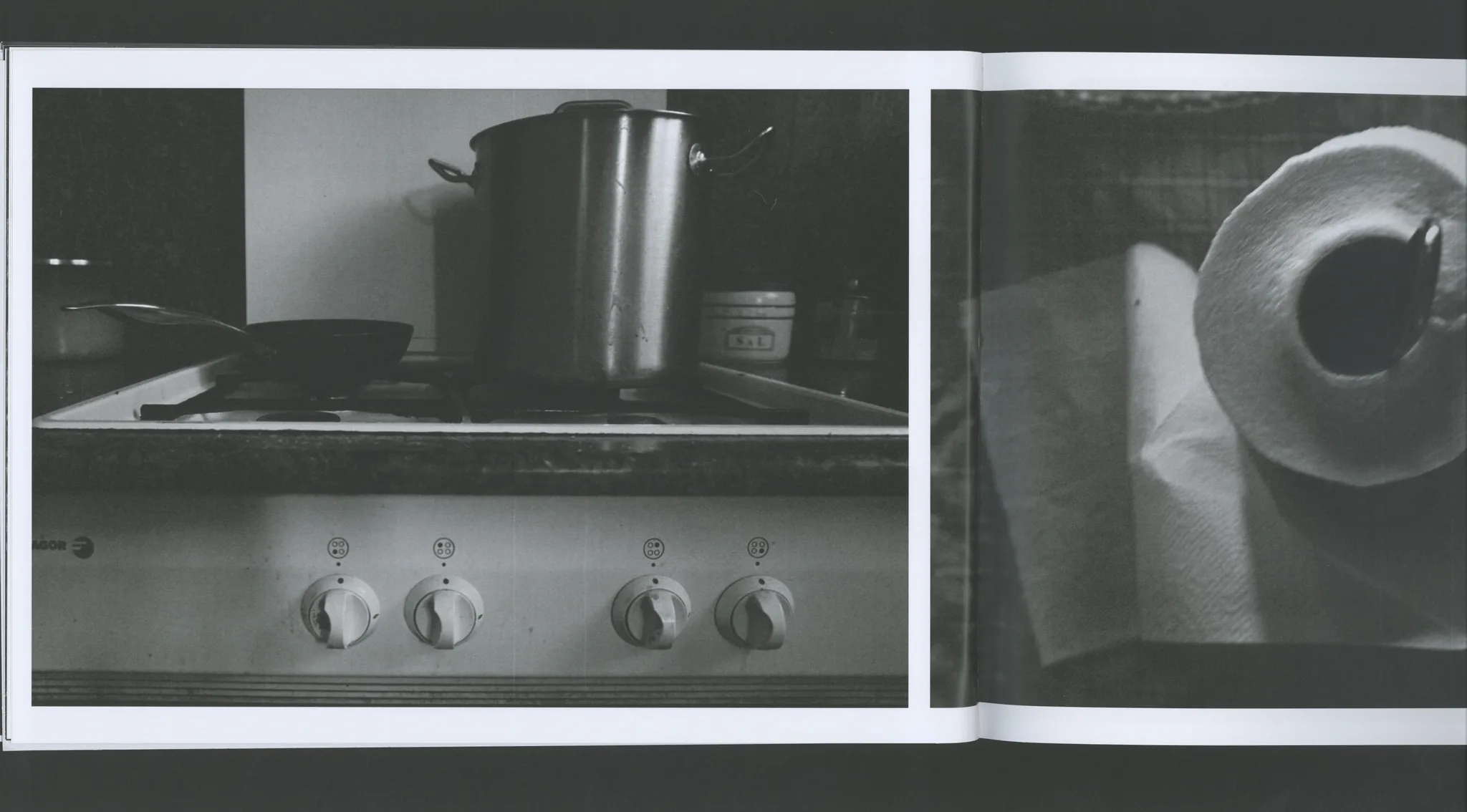 Book spread with black-and-white photo of a gas stove and a close-up of a paper towel roll