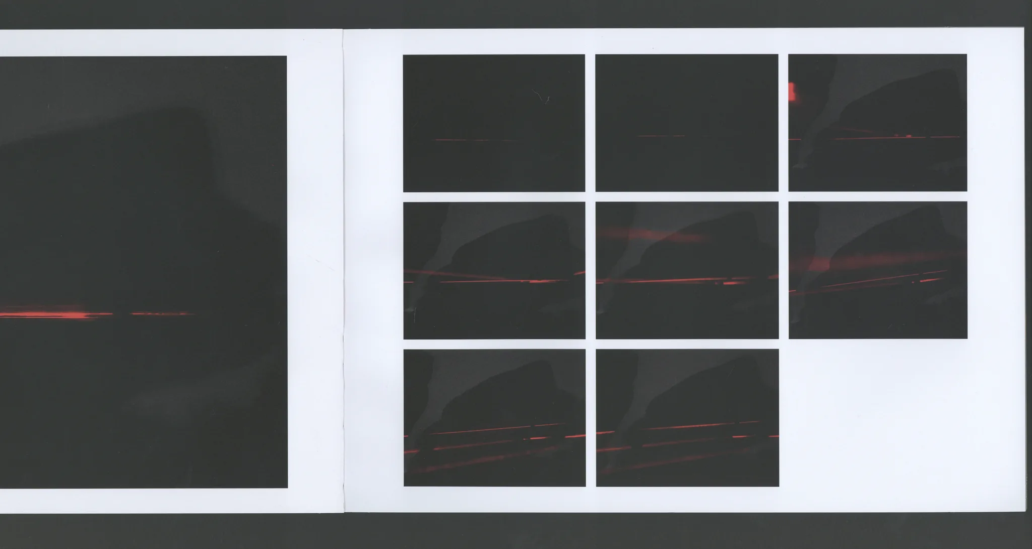 Book spread showing a grid of long-exposure red laser streak photographs at night