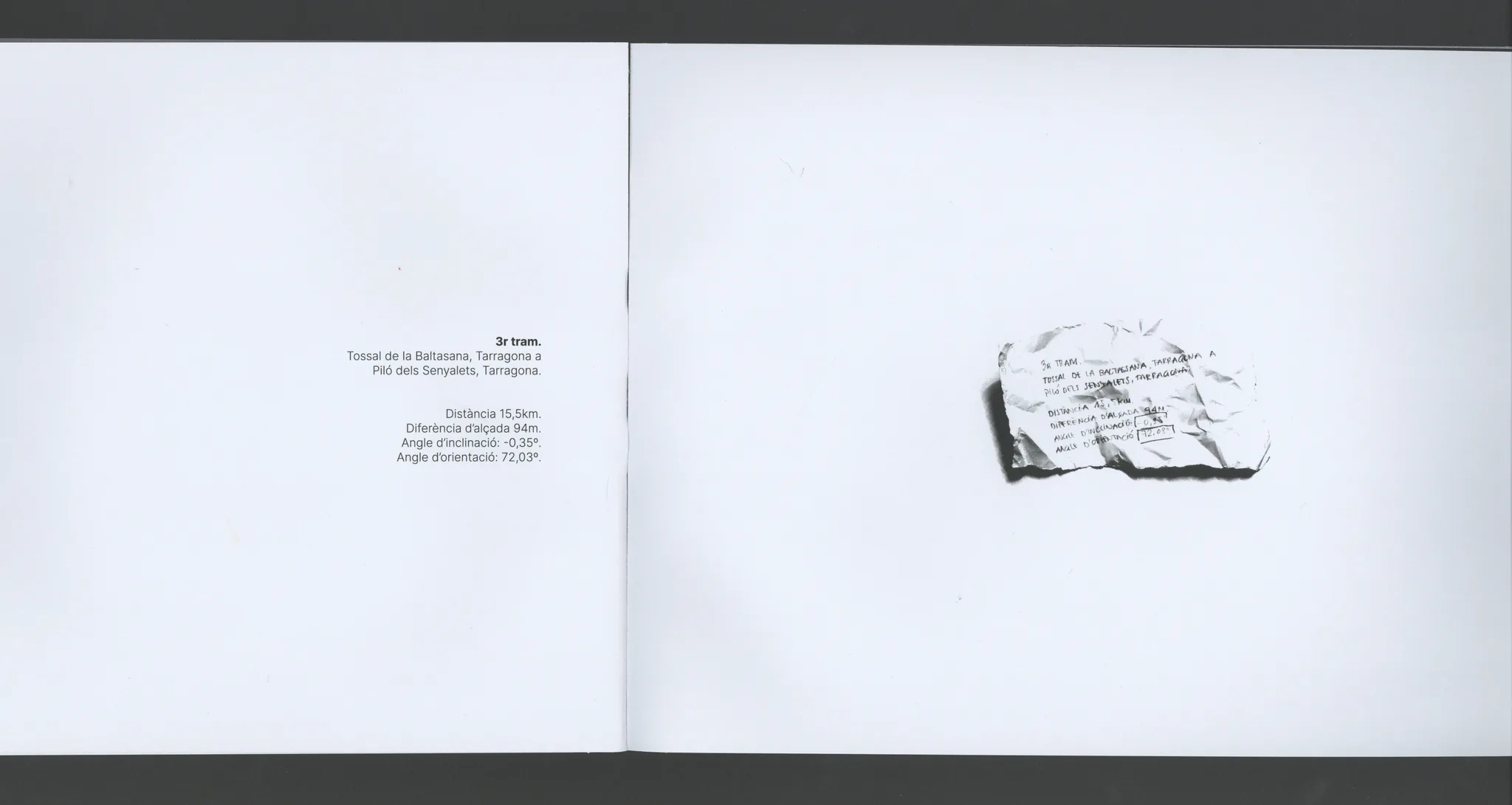 Book spread with route description text and a crumpled handwritten note