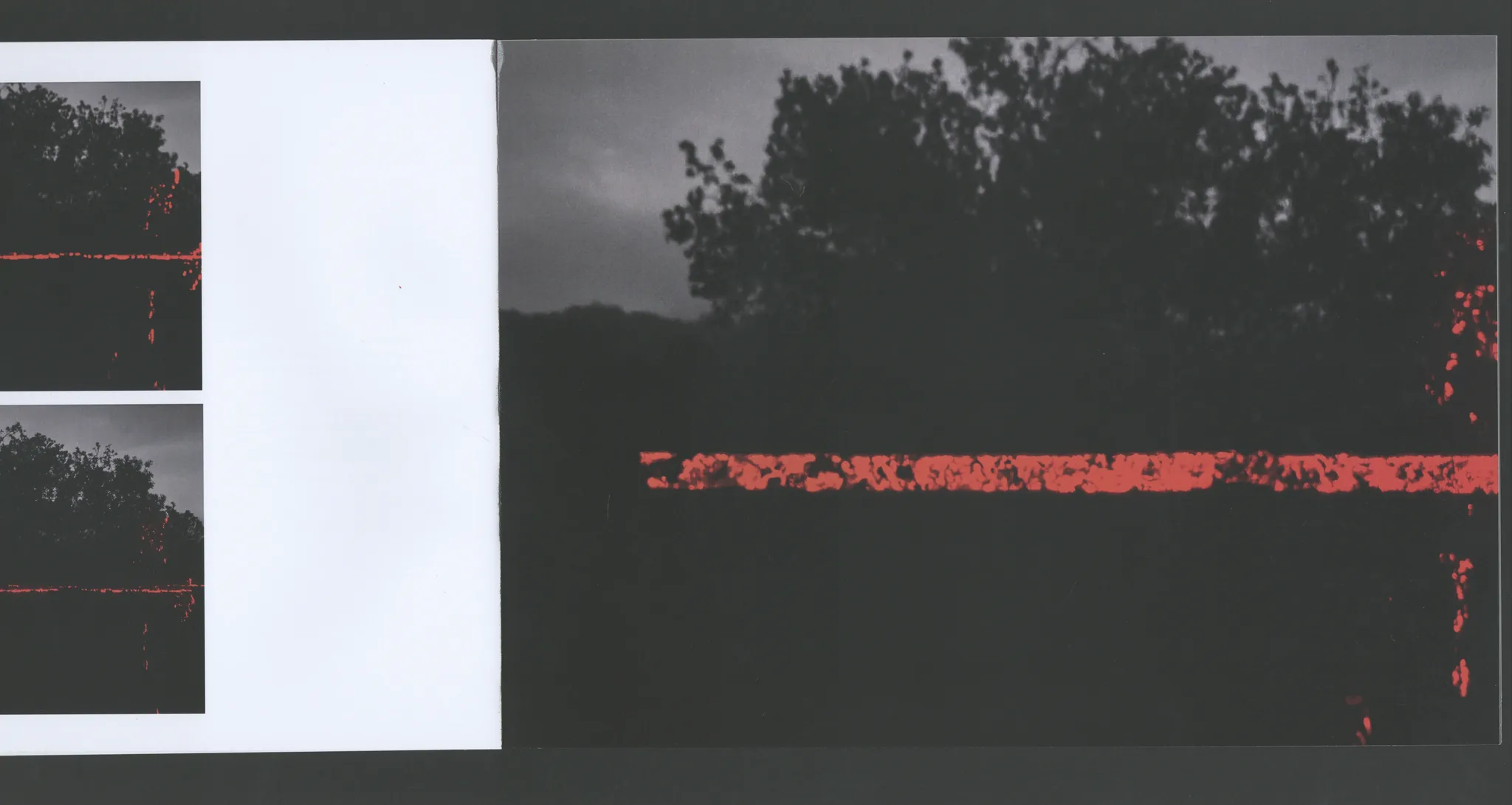Book spread with two red-laser prints over tree silhouettes against a dark sky