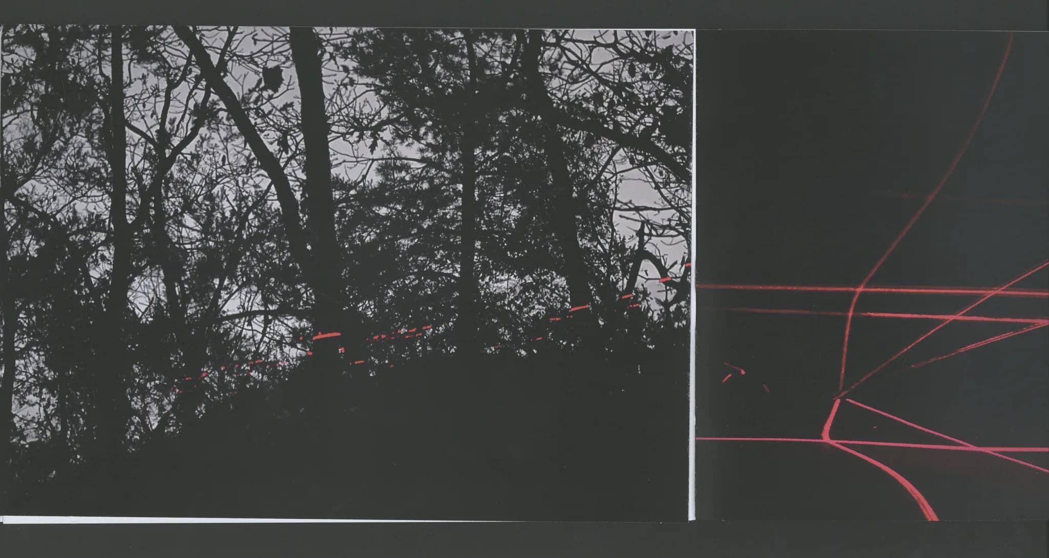Book spread with forest silhouette and red laser dotted line, beside angular red laser lines on black