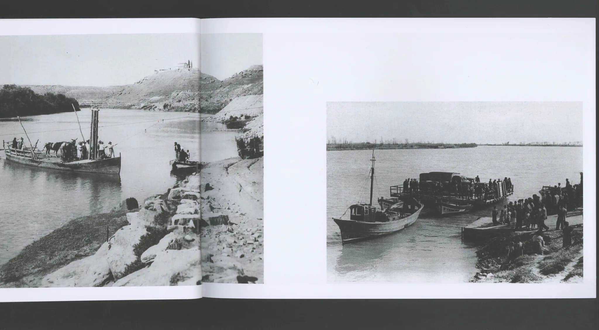 Book spread with historical black-and-white photographs of river ferries on the Ebro Delta
