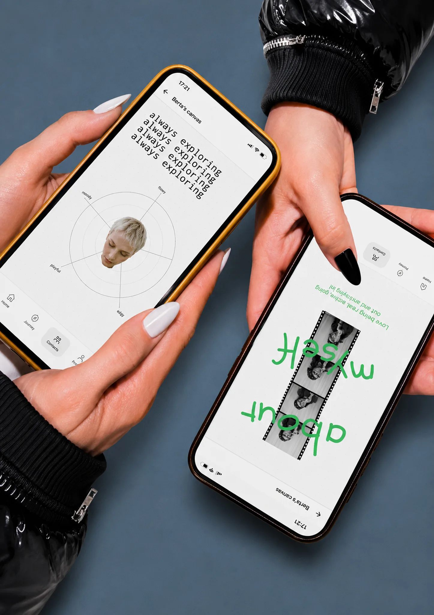Two phones showing OFFF Trace profile and canvas screens held by hands with black-and-white nails