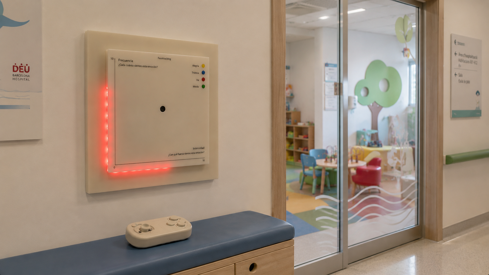 Aura panel with red LED glow on a hospital corridor wall at Hospital Dèu Barcelona, controller on bench