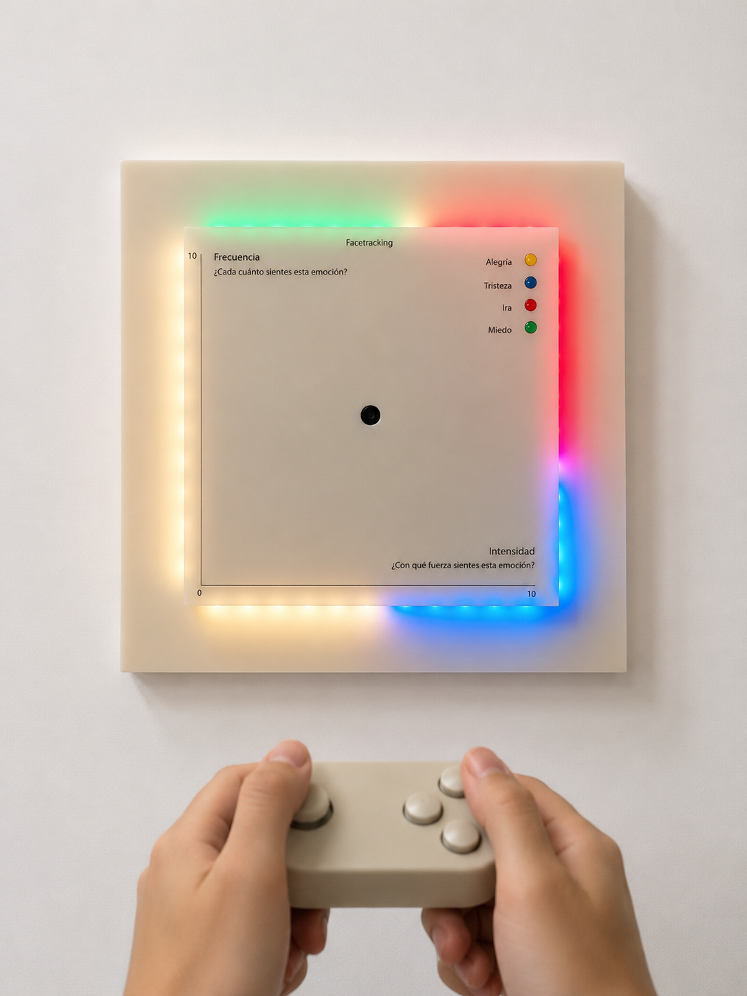 Hands holding the Aura controller with the panel above showing multicolour RGB LEDs