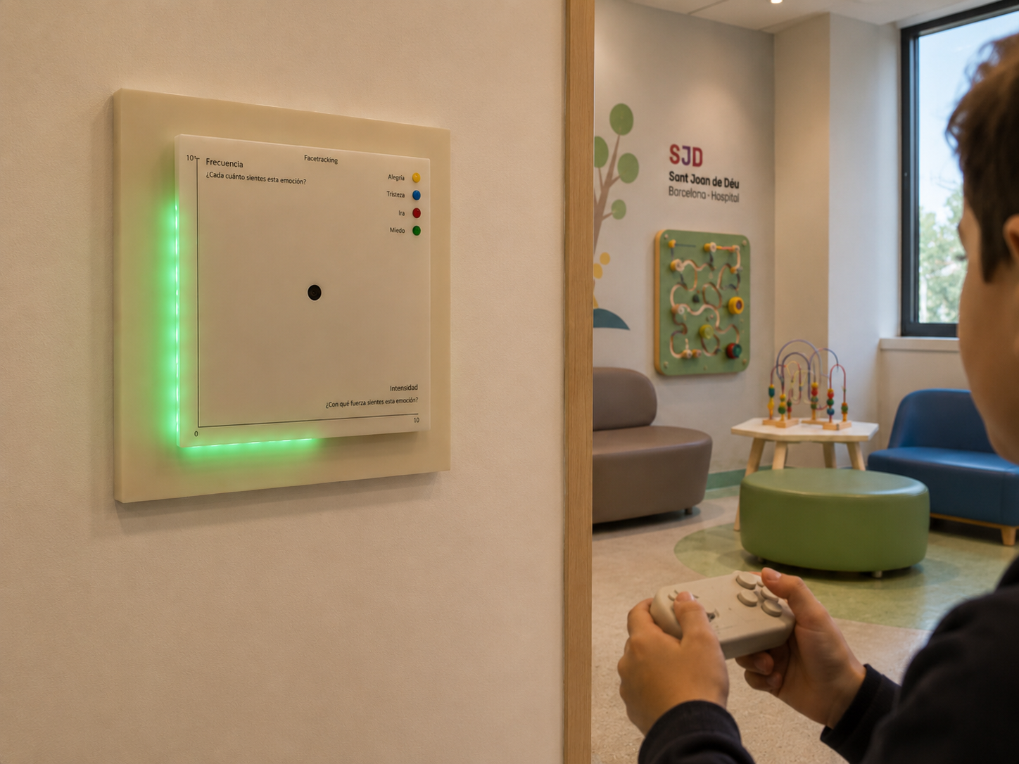 Child holding Aura controller with green LED panel at SJD Sant Joan de Déu waiting room