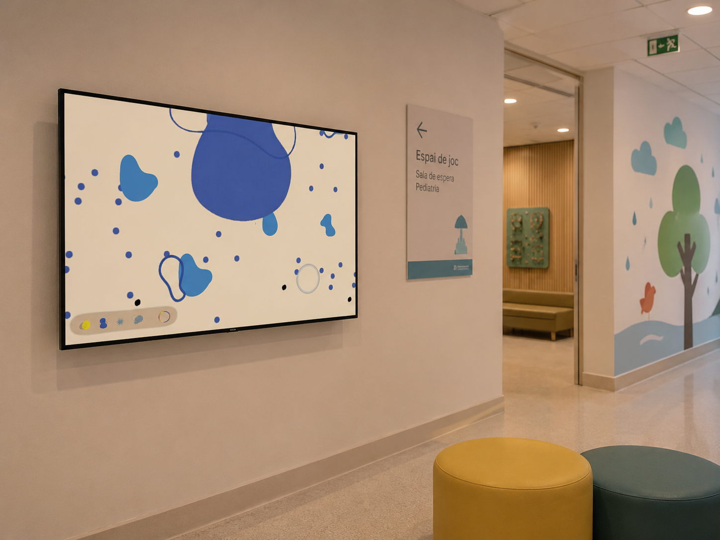 Hospital corridor with blue Aura emotion game on TV screen, Espai de joc Pediatria sign