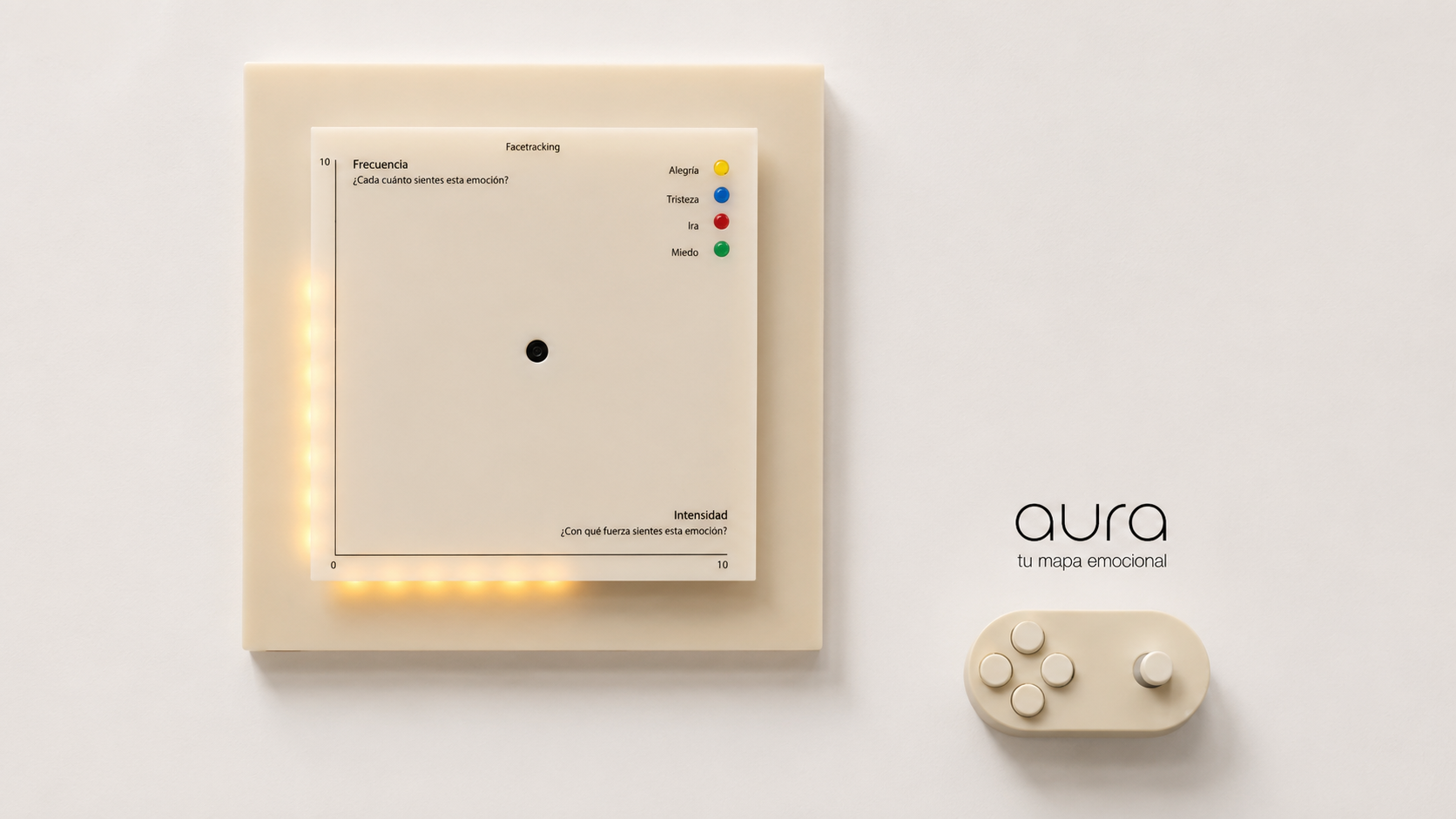 Aura panel with warm amber LED glow and controller beside it, aura tu mapa emocional branding
