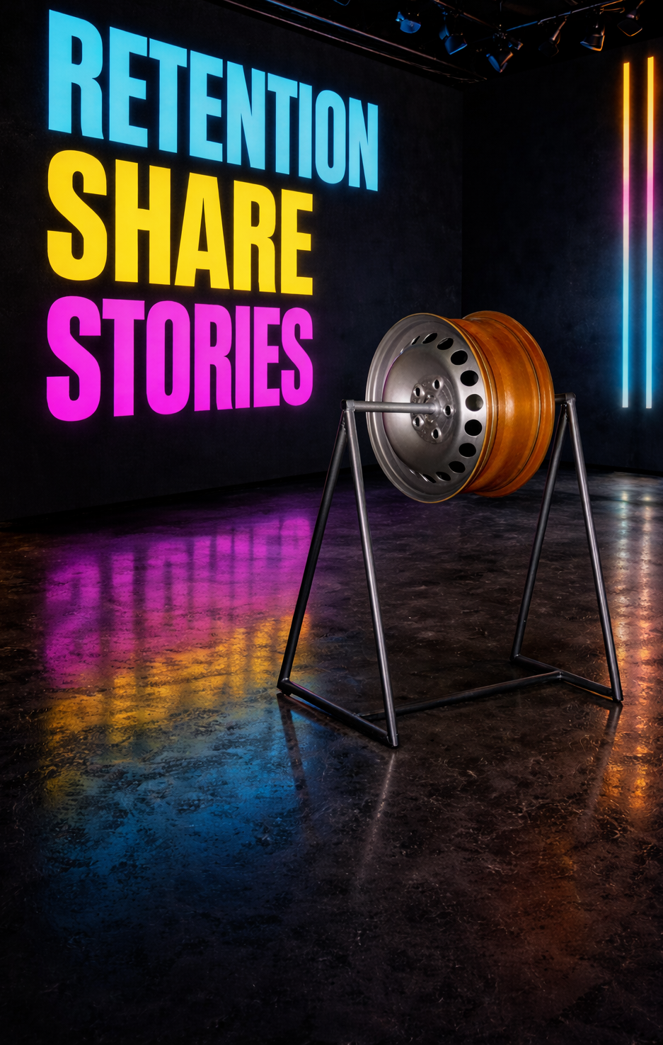 Orange wheel rim on black stand with RETENTION SHARE STORIES projected in cyan, yellow and pink neon