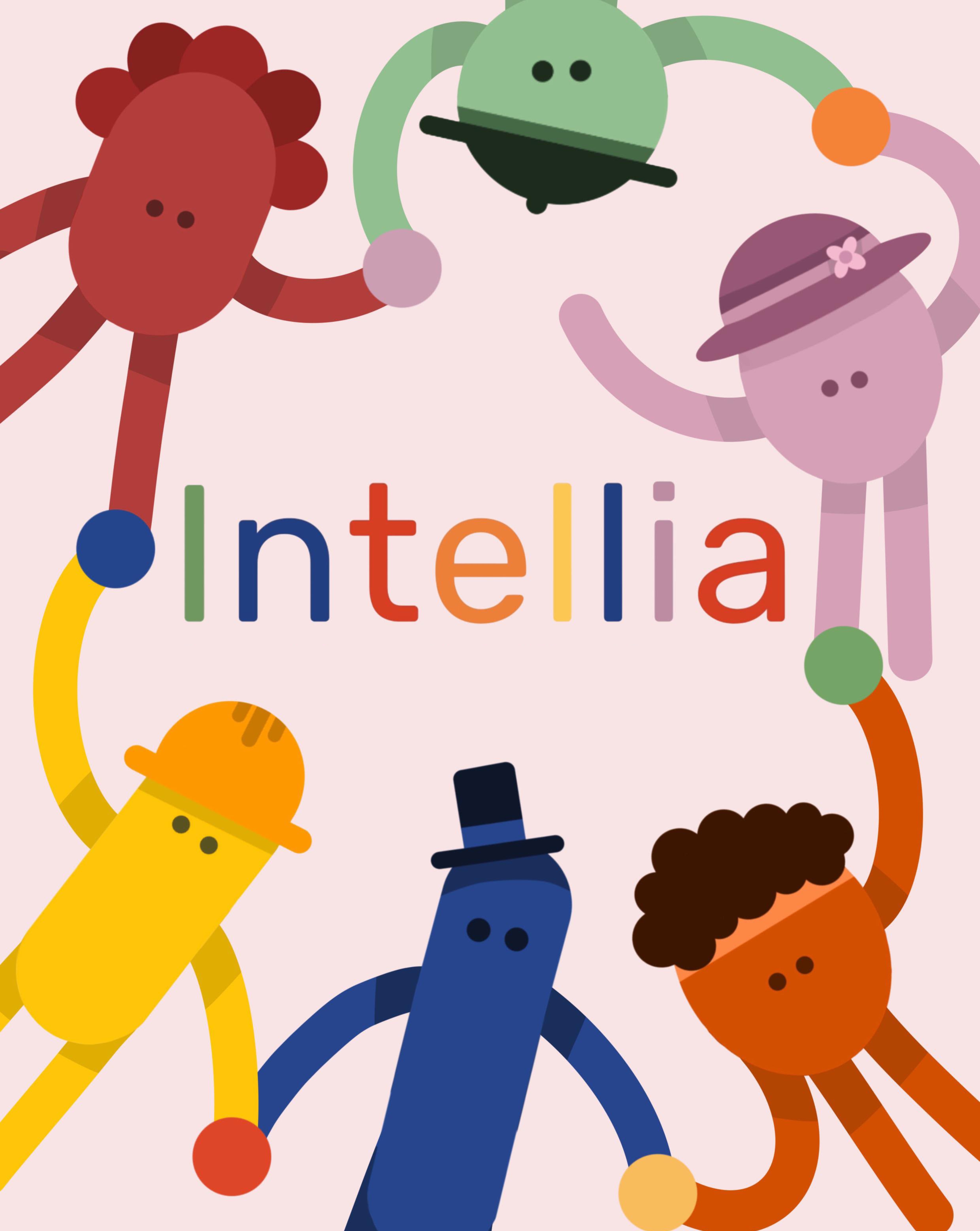 Colourful illustrated Intellia characters on a light pink background