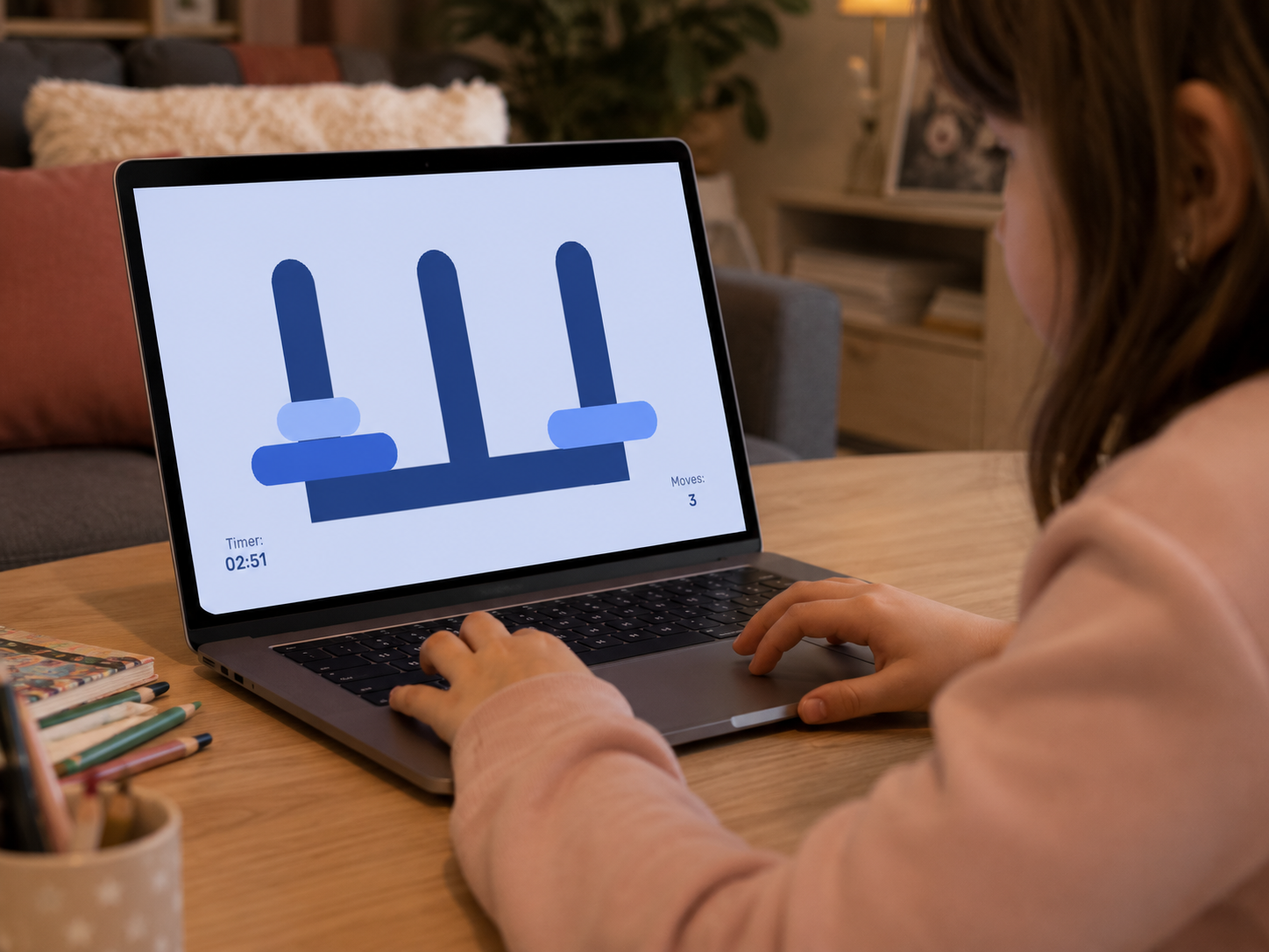 Person playing Intellia towers puzzle mini-game on laptop, blue pegs on light blue background