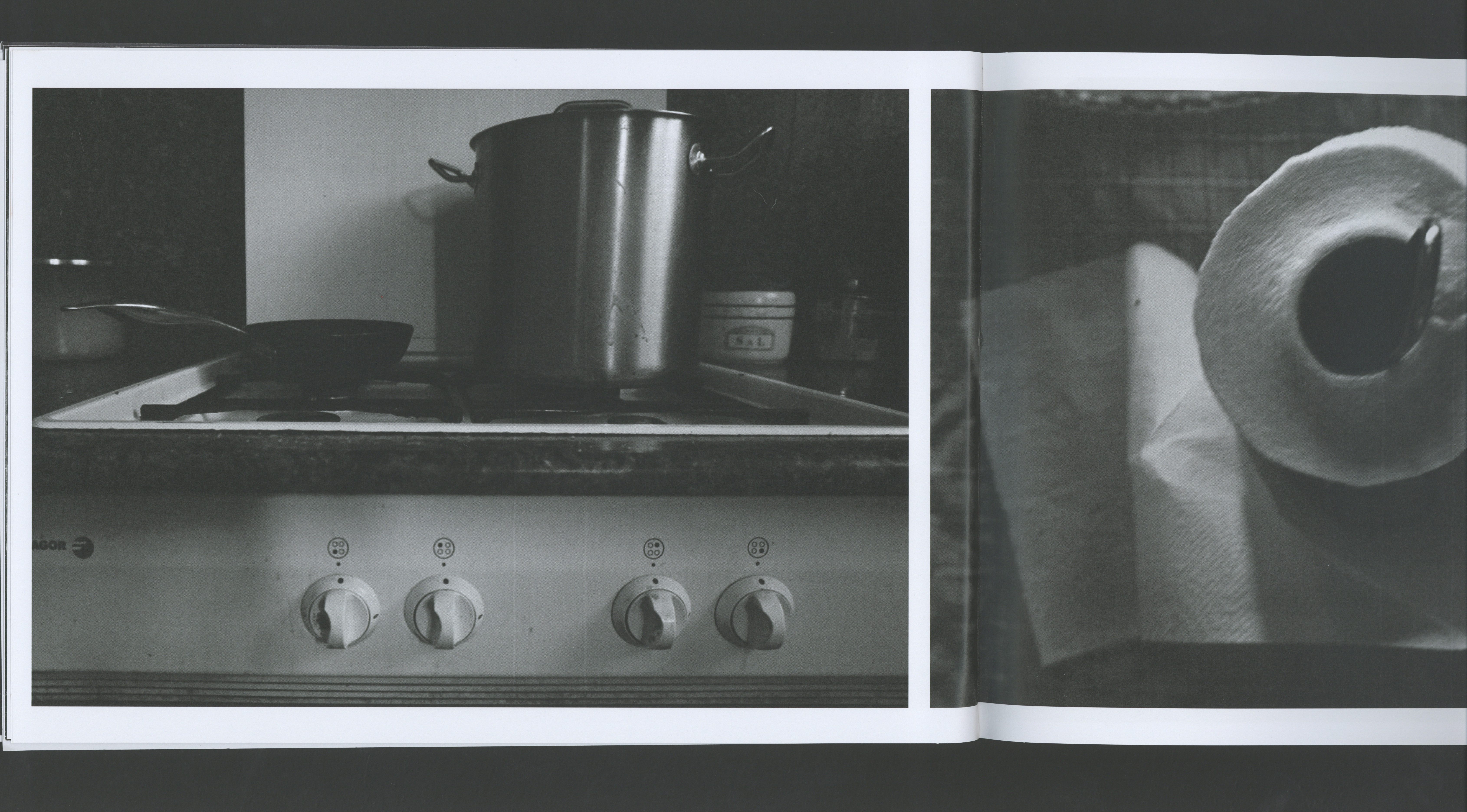Book spread with black-and-white photo of a gas stove and a close-up of a paper towel roll