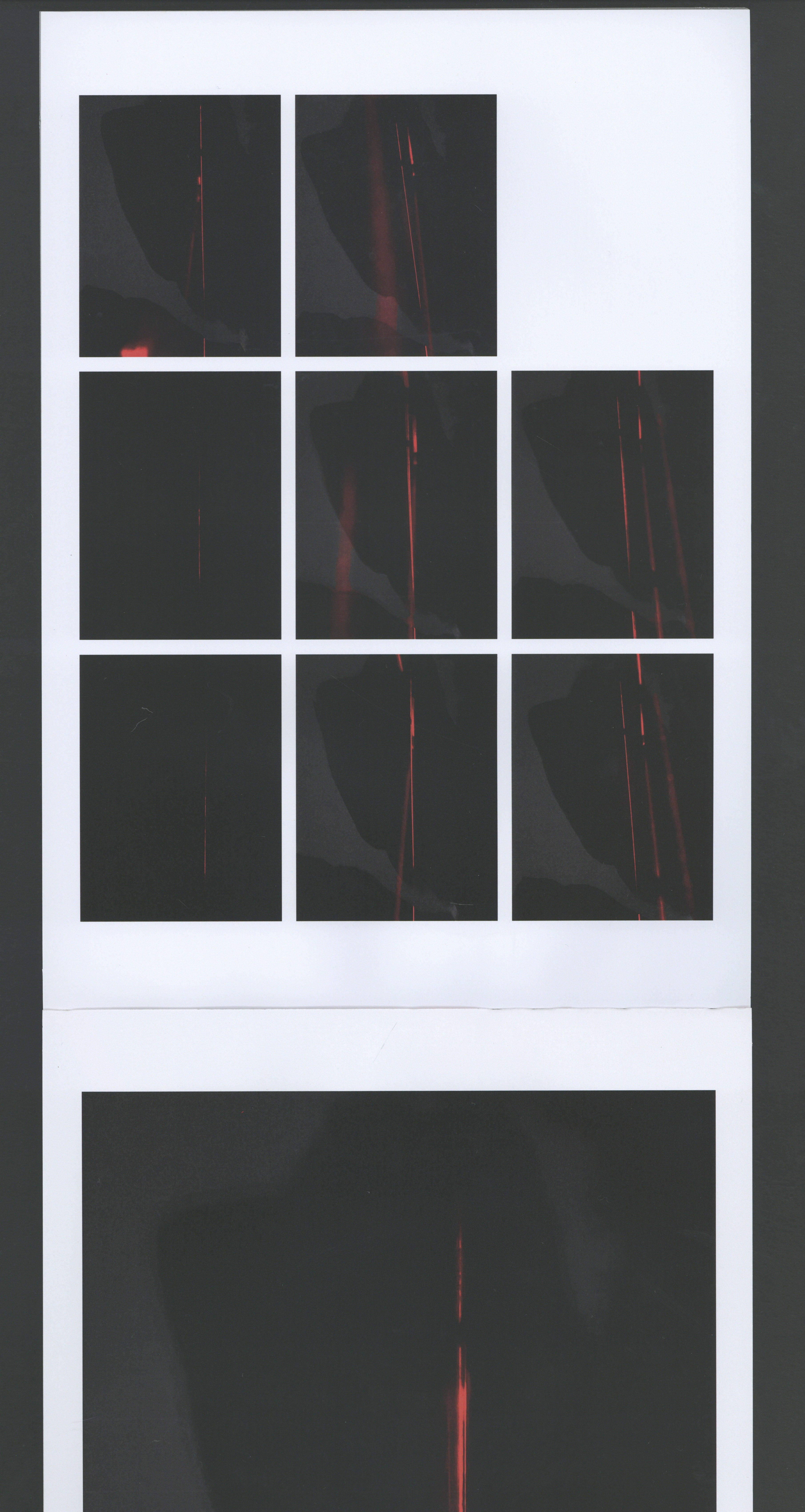 Book spread showing a grid of long-exposure red laser streak photographs at night
