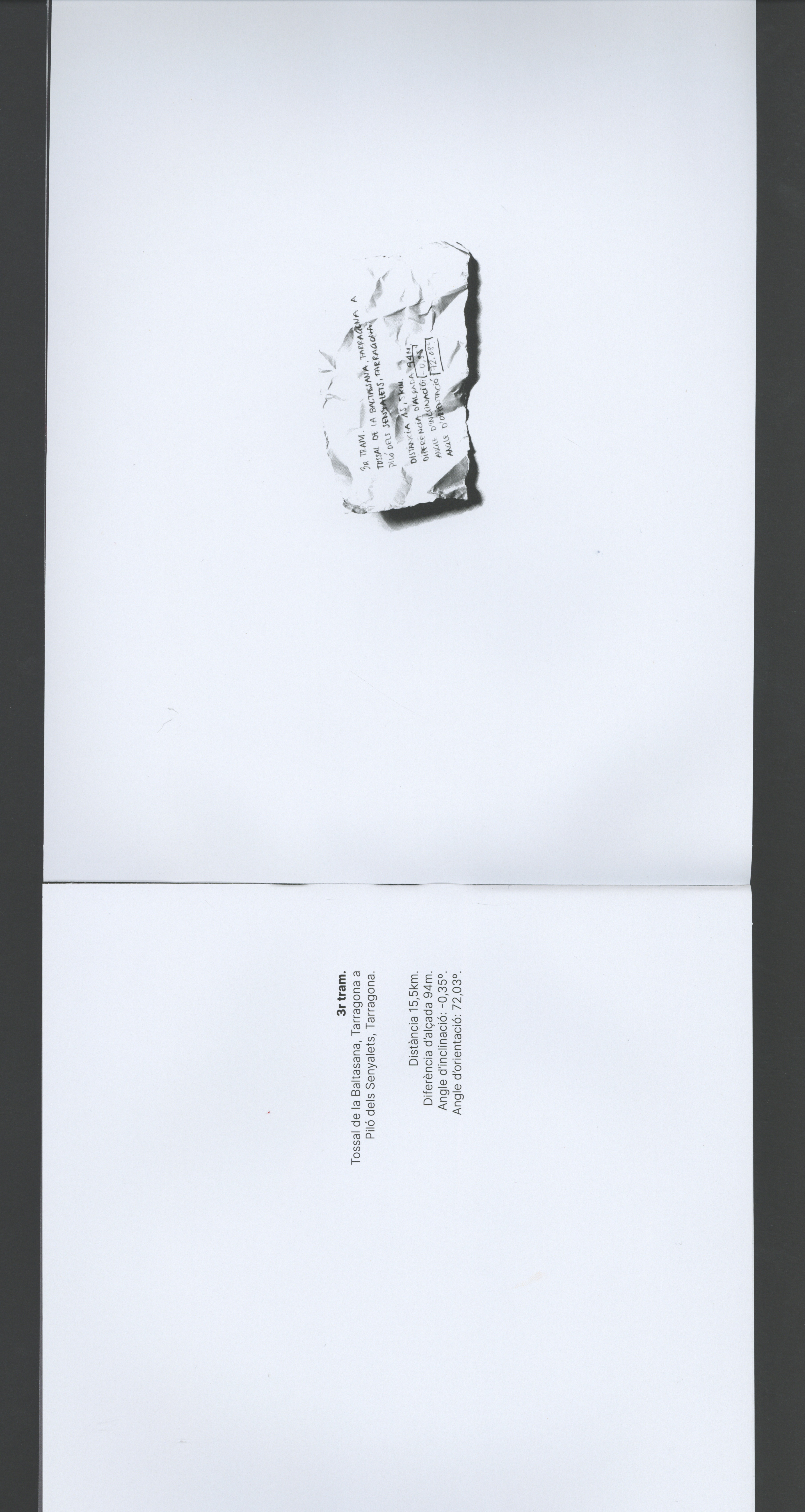 Book spread with route description text and a crumpled handwritten note