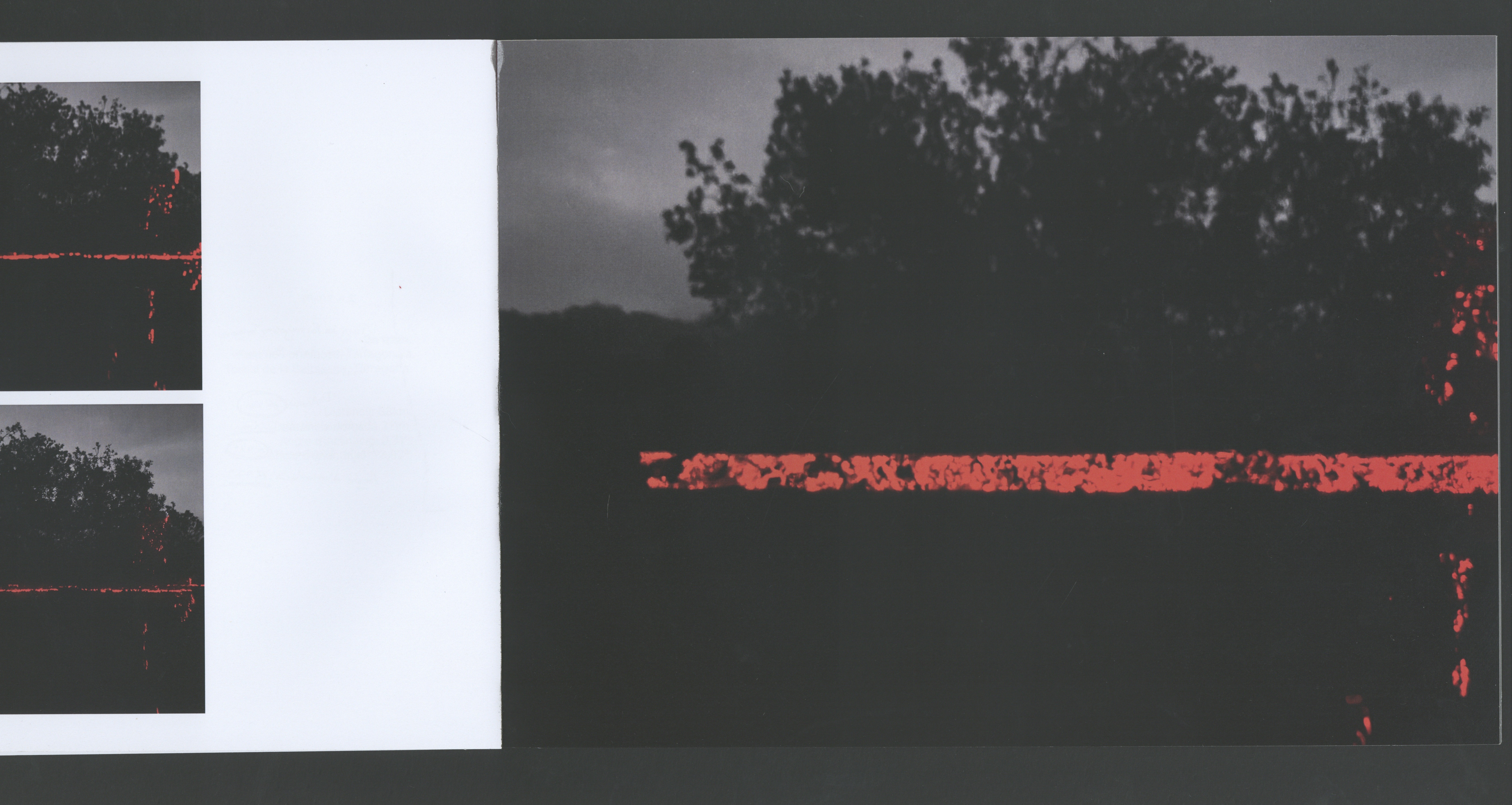 Book spread with two red-laser prints over tree silhouettes against a dark sky