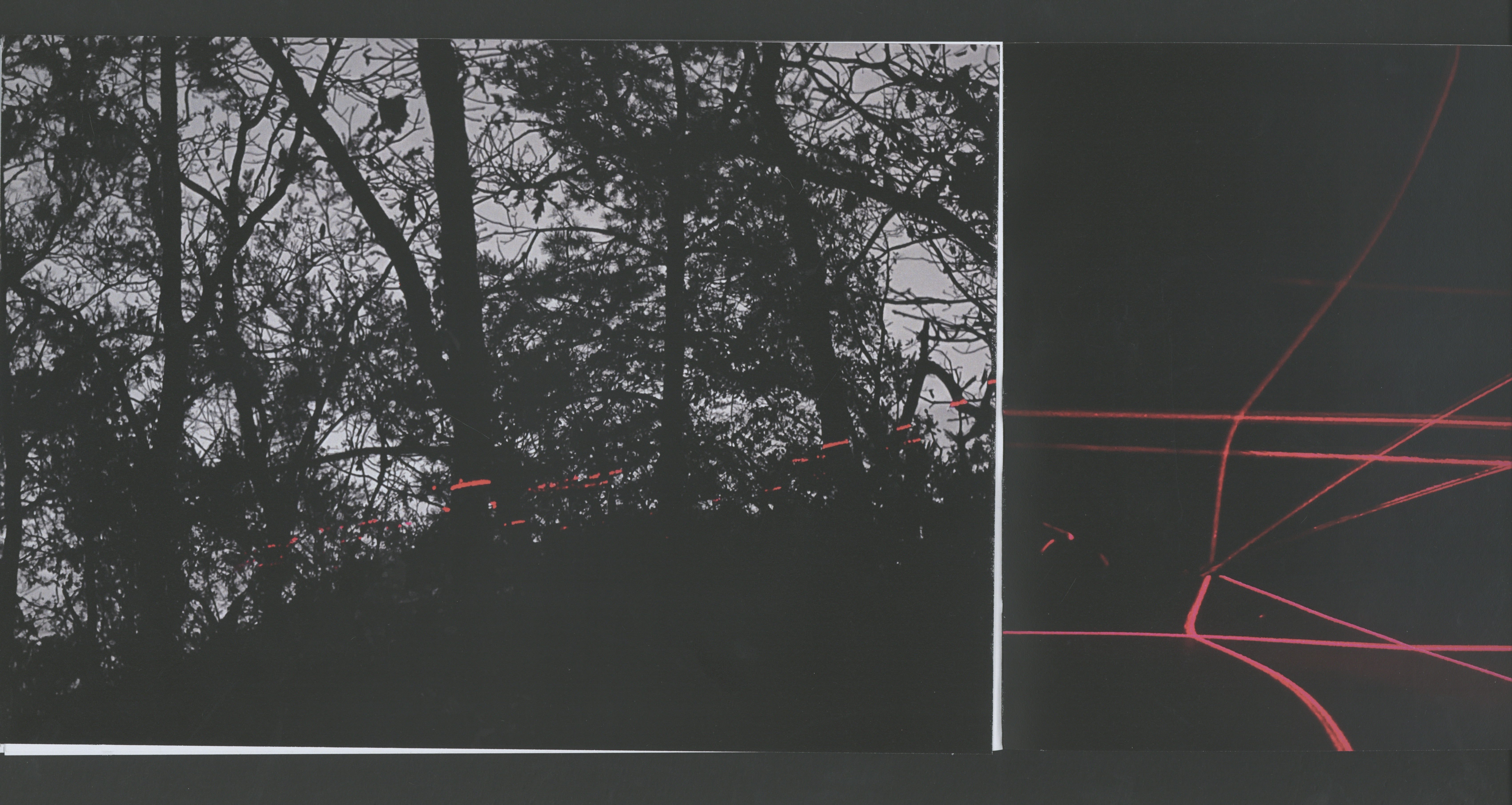 Book spread with forest silhouette and red laser dotted line, beside angular red laser lines on black
