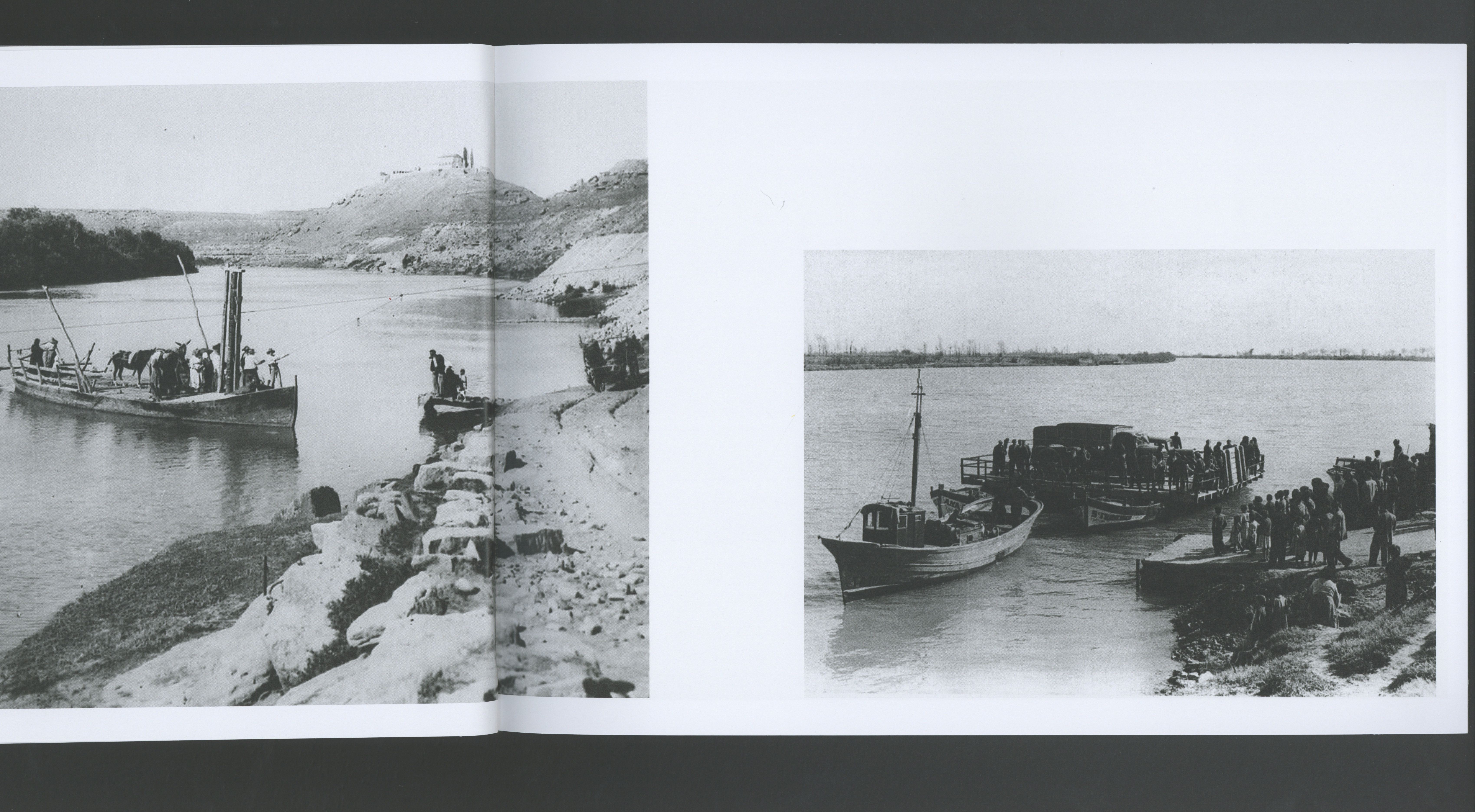 Book spread with historical black-and-white photographs of river ferries on the Ebro Delta