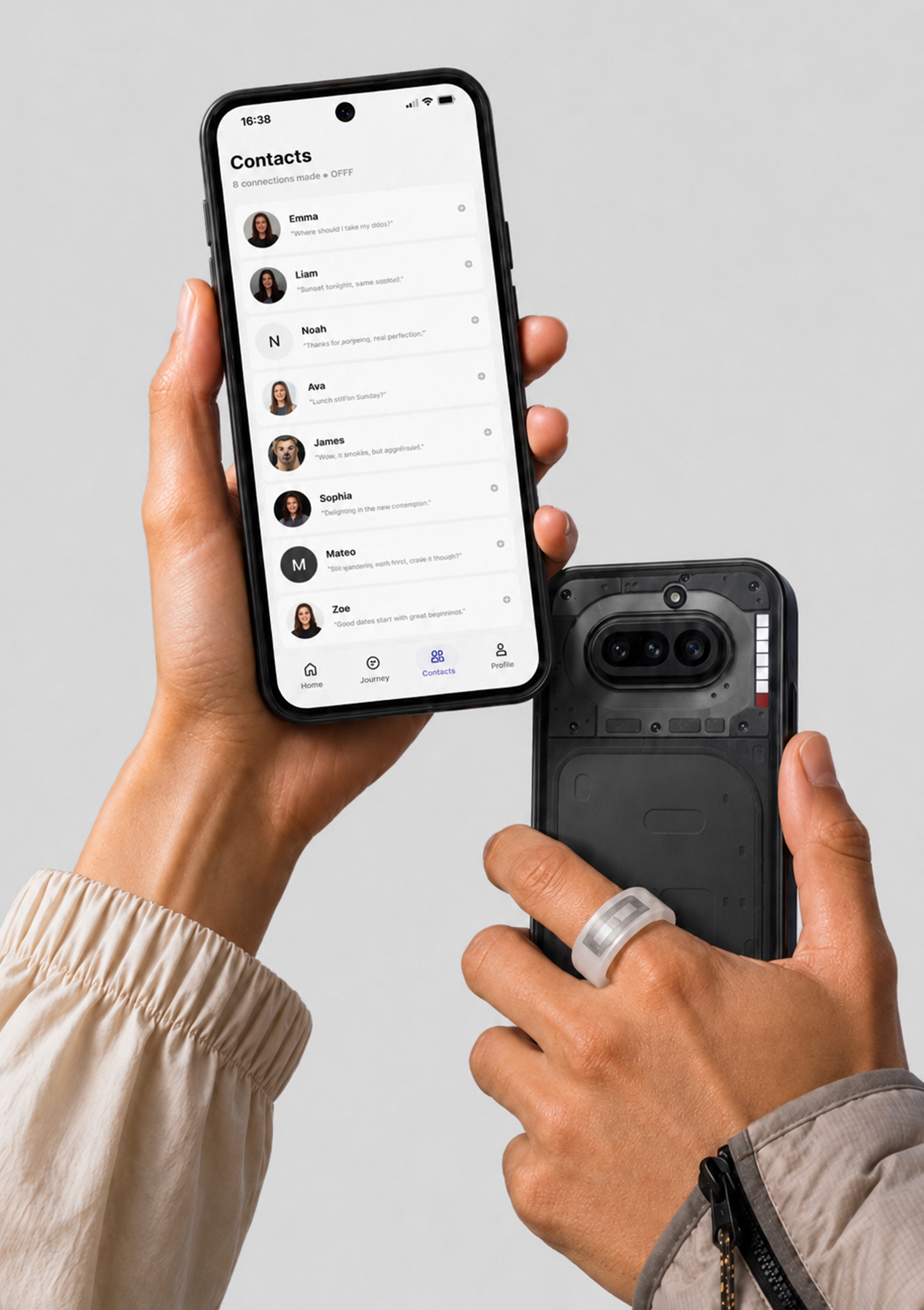 Two hands holding phones showing the OFFF Trace app contacts screen and a white ring