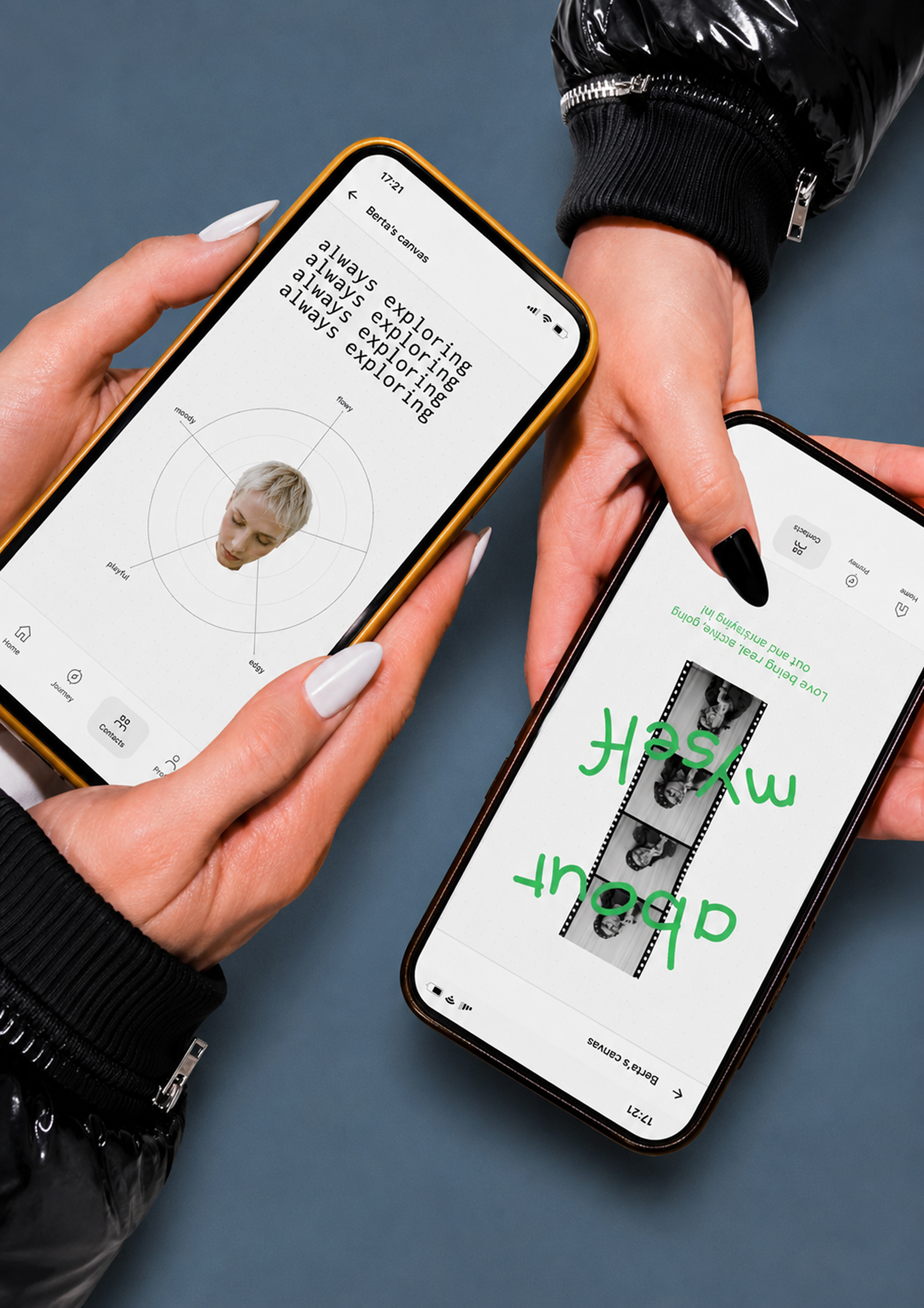 Two phones showing OFFF Trace profile and canvas screens held by hands with black-and-white nails